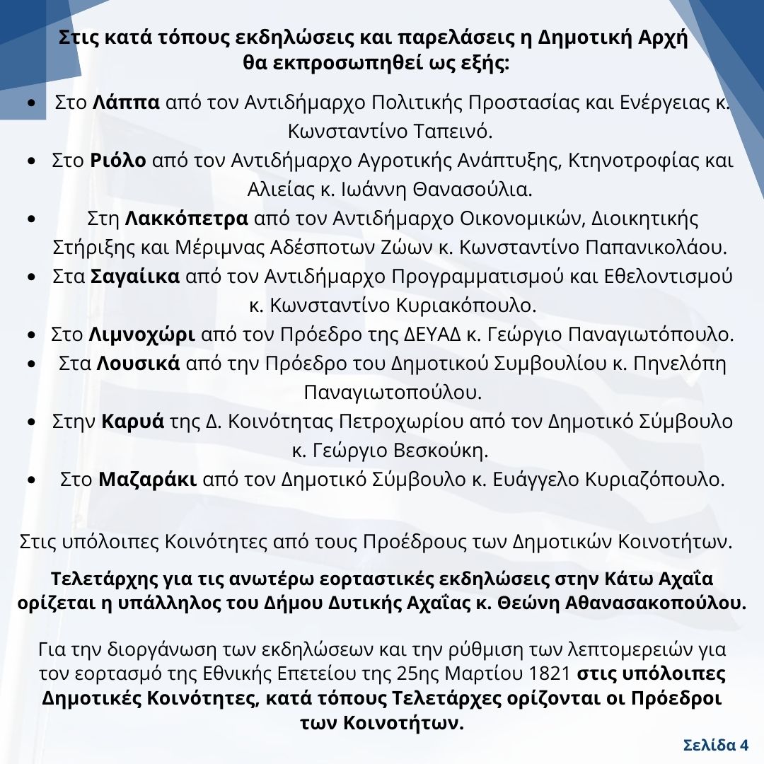 Το πρόγραμμα εορτασμού της Εθνικής Επετείου της 25ης Μαρτίου στον Δήμο Δυτικής Αχαΐας