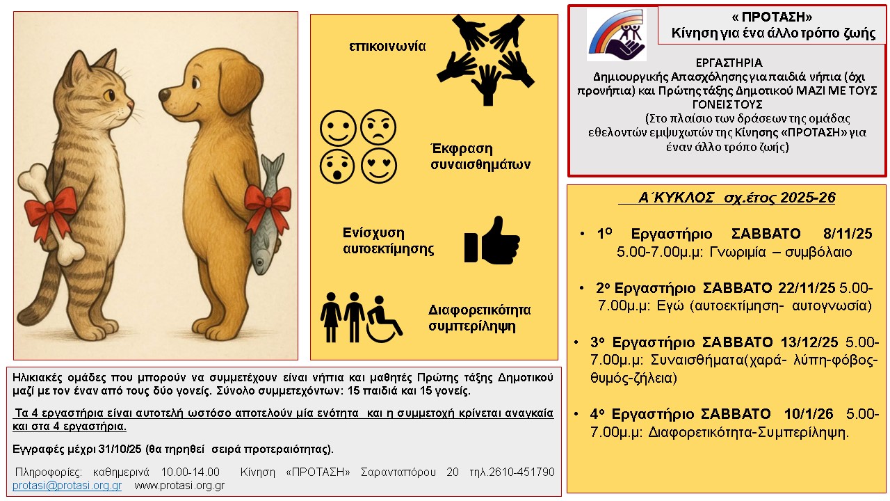 Έναρξη εργαστηρίων Νηπίων και παιδιών Α΄ τάξης Δημοτικού από την Κίνηση «ΠΡΟΤΑΣΗ»