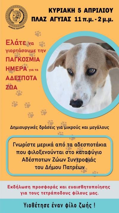 Δήμος Πατρέων: Εκδήλωση για τα αδέσποτα την Κυριακή 5 Απριλίου στο πάρκο Εκπαιδευτικών Δράσεων της Πλαζ